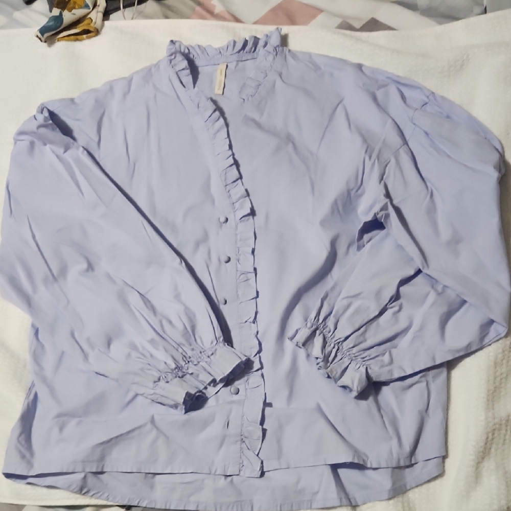 Chic Light Blue Ruffle Blouse